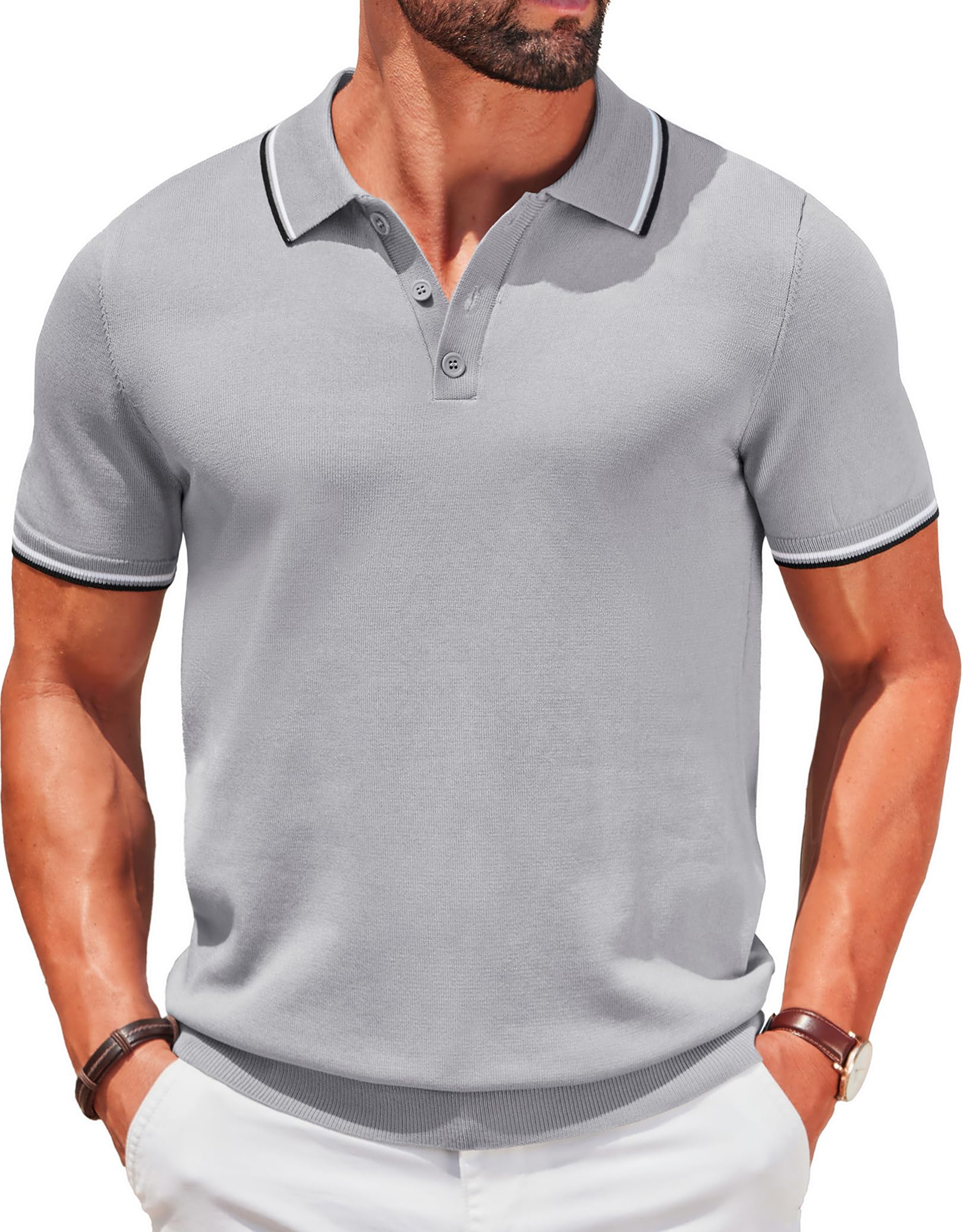 COOFANDY Men's Knit Polo Shirts Short Sleeve Casual Button Golf Polo Shirts Collared T Shirt