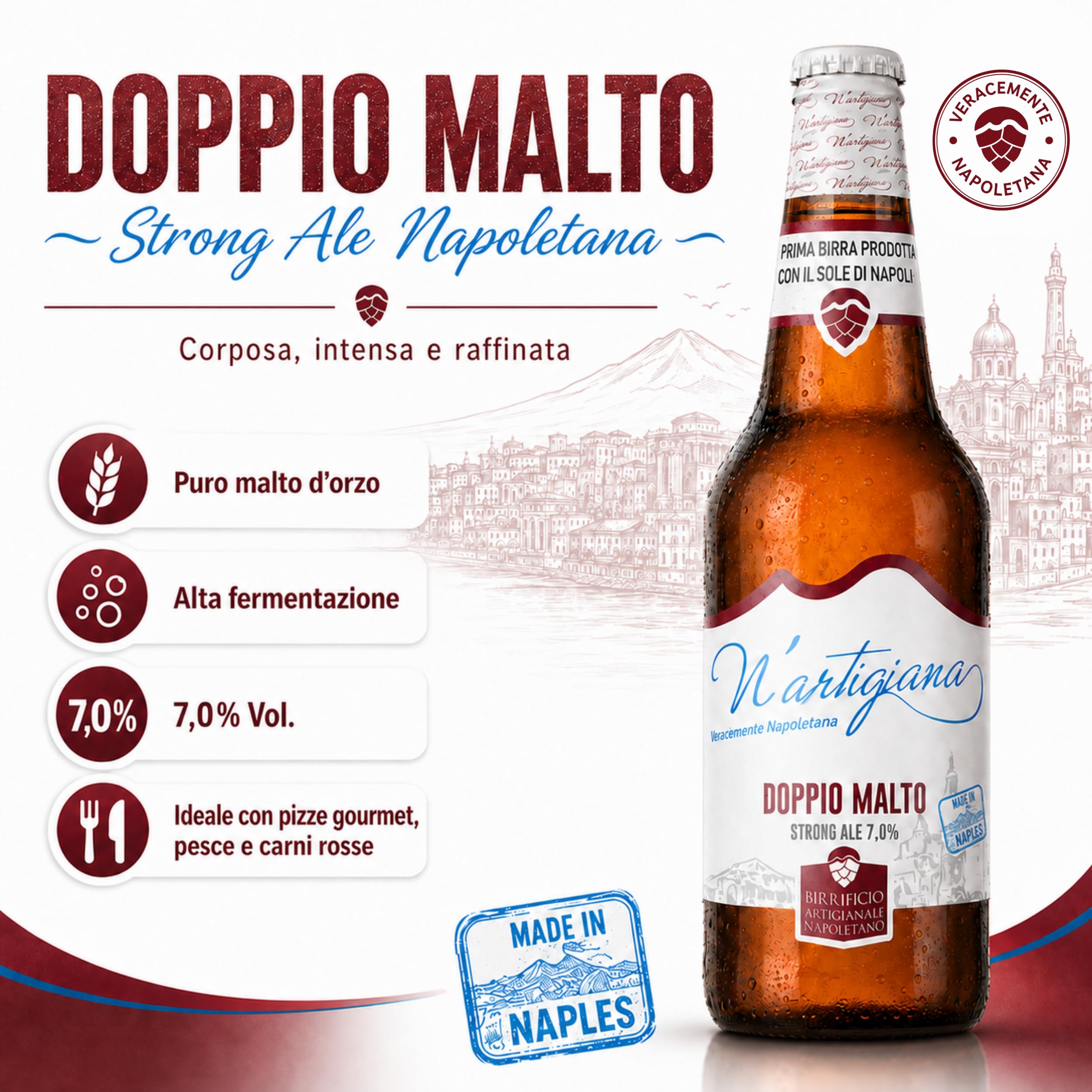 Birra Artigianale N’Artigiana Doppio Malto 66cl | Birra Strong Ale Napoletana con Puro Malto d’Orzo ad Alta Fermentazione | 7,0% Vol | Cassa da 12 Bottiglie