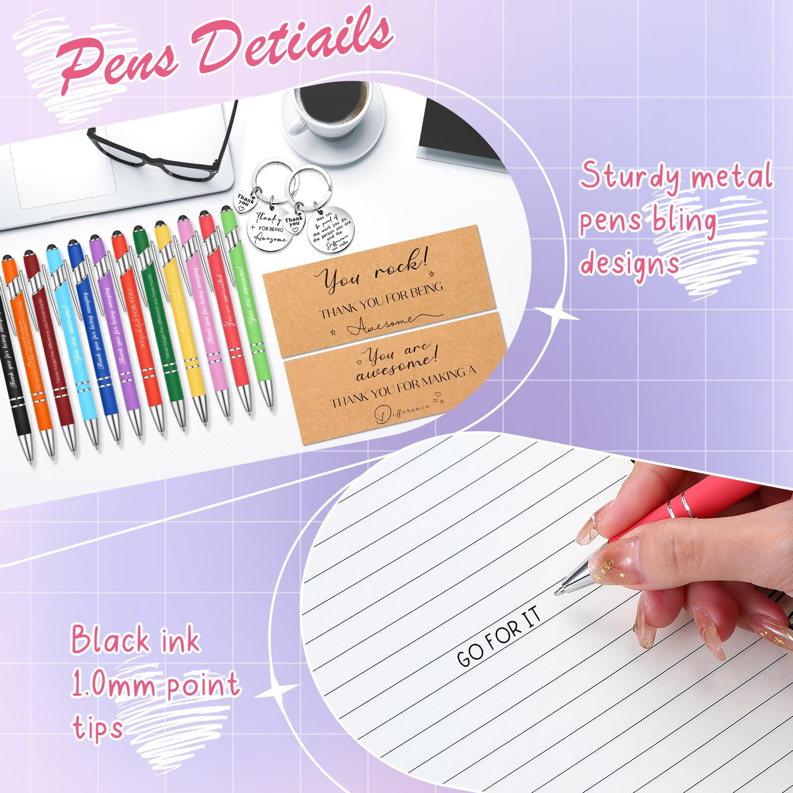 Tenare 12 Sets Thank You Gifts Bulk Teacher Students Thank You Graduation Motivational Ballpoint Pens Kraft Card Inspirational Keychains with Organza for Team Colleague Staff - Image 3