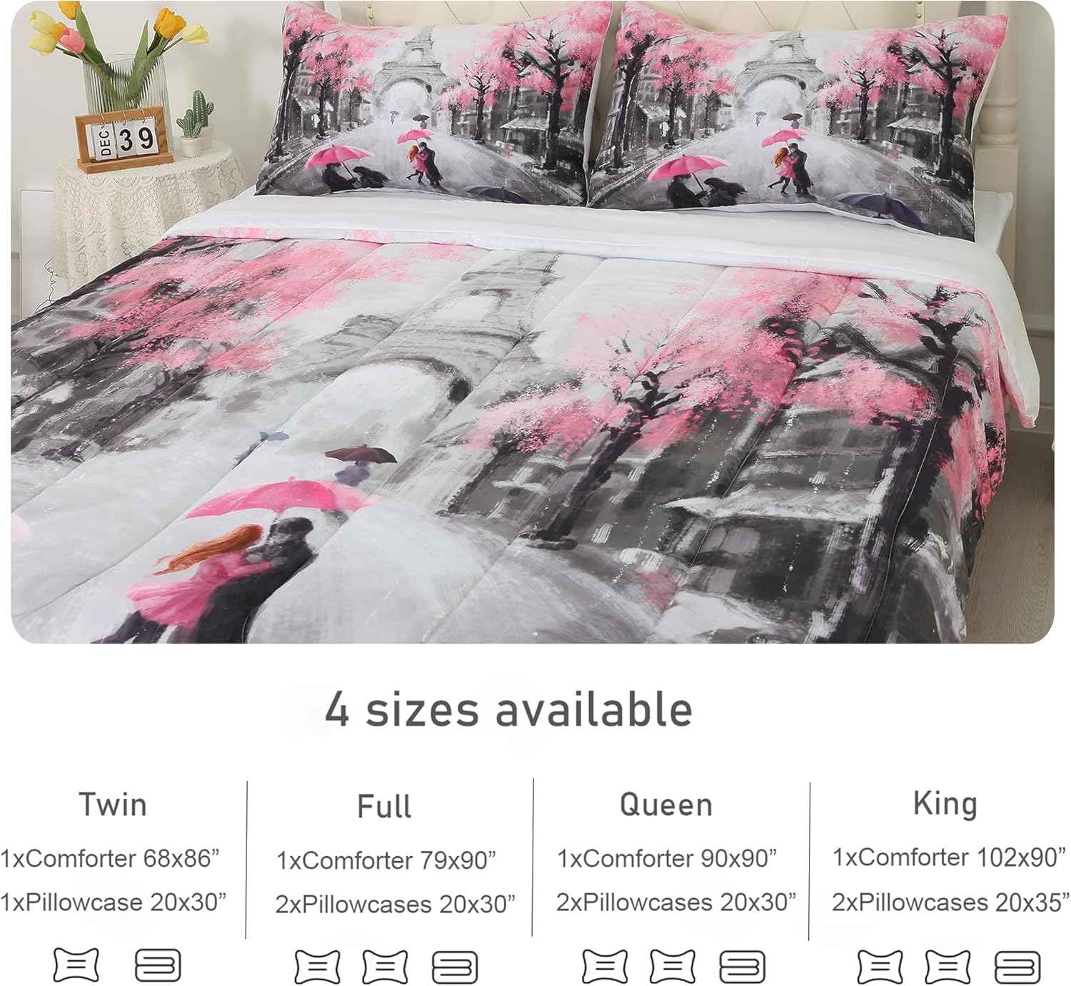 Paris Bedroom Comforter Set: Queen Size Eiffel Tower Bedding Sets Pink and Grey French Style Romantic Quilts Soft Bed Set for Teen Girls Women 1 Comforter & 2 Pillowcases Paris Queen image 6 of 9 B0DQL3CZM1