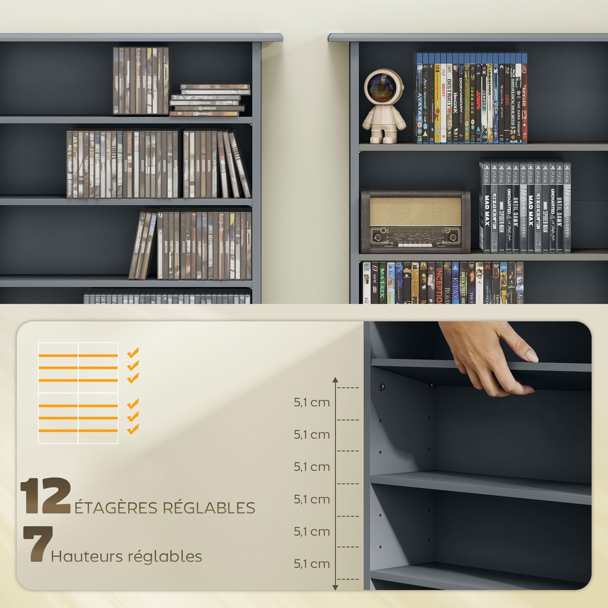 HOMCOM Portaoggetti per CD e DVD, con capacità max. 720 CD/396 DVD e Blu-Ray, 16 scomparti e 12 ripiani regolabili, per soggiorno, camera da letto, 106,5 x 24 x 126,3 cm, grigio