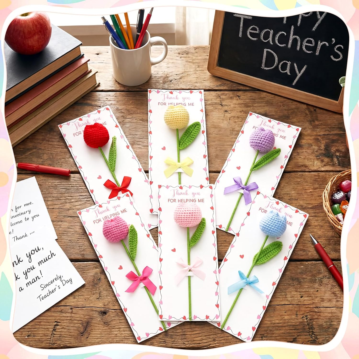 Wavwavw 6 Sets End of Year Teacher Appreciation Gifts Bulk Positive Handmade Tulip Crochet Flower Thank You for Helping Me Grow Flower Graduation Gift for Women Men Educator