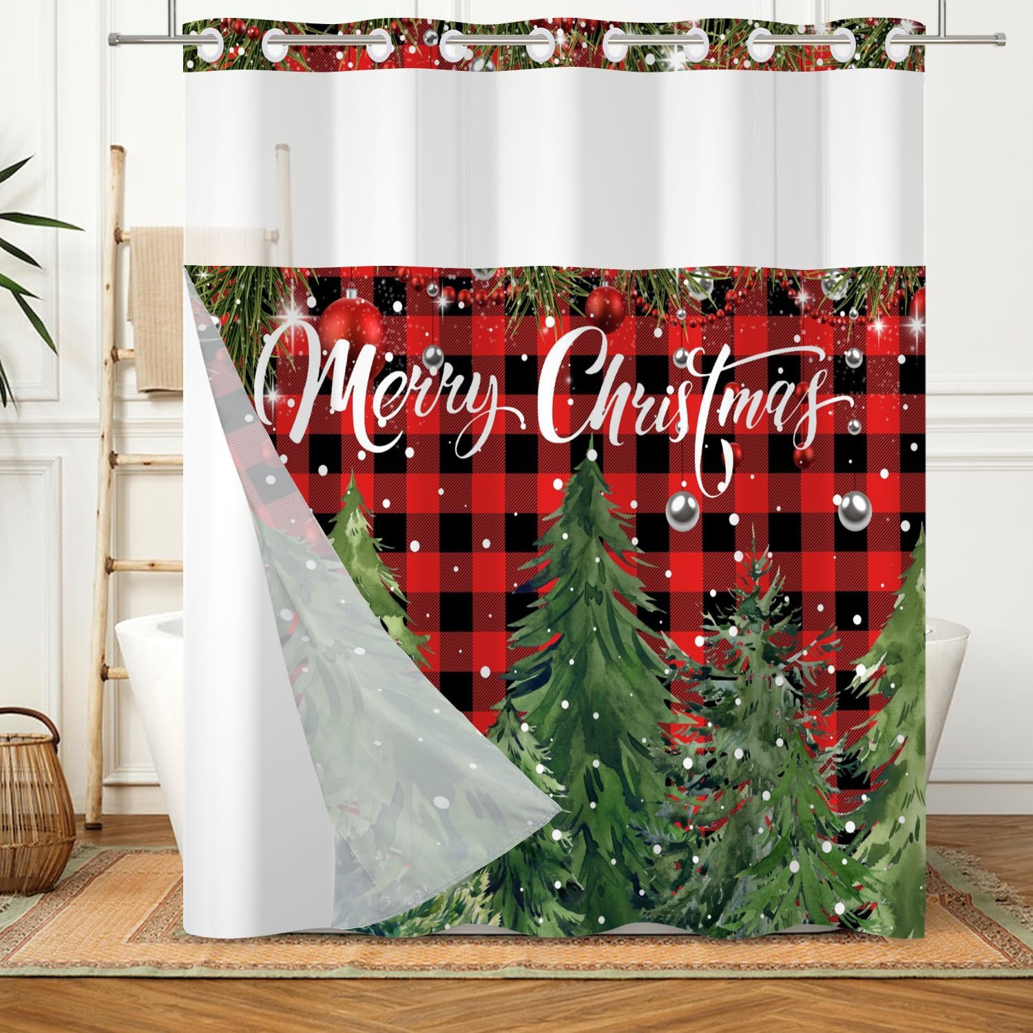 No Hook Christmas Shower Curtain with Snap in Fabric Liner Set,Christmas Baking Gingerbread Houses Tree Cookies Candy Cane Sweet Winter Bathroom Decor Fabric Waterproof Shower Curtain,71W x 84L
