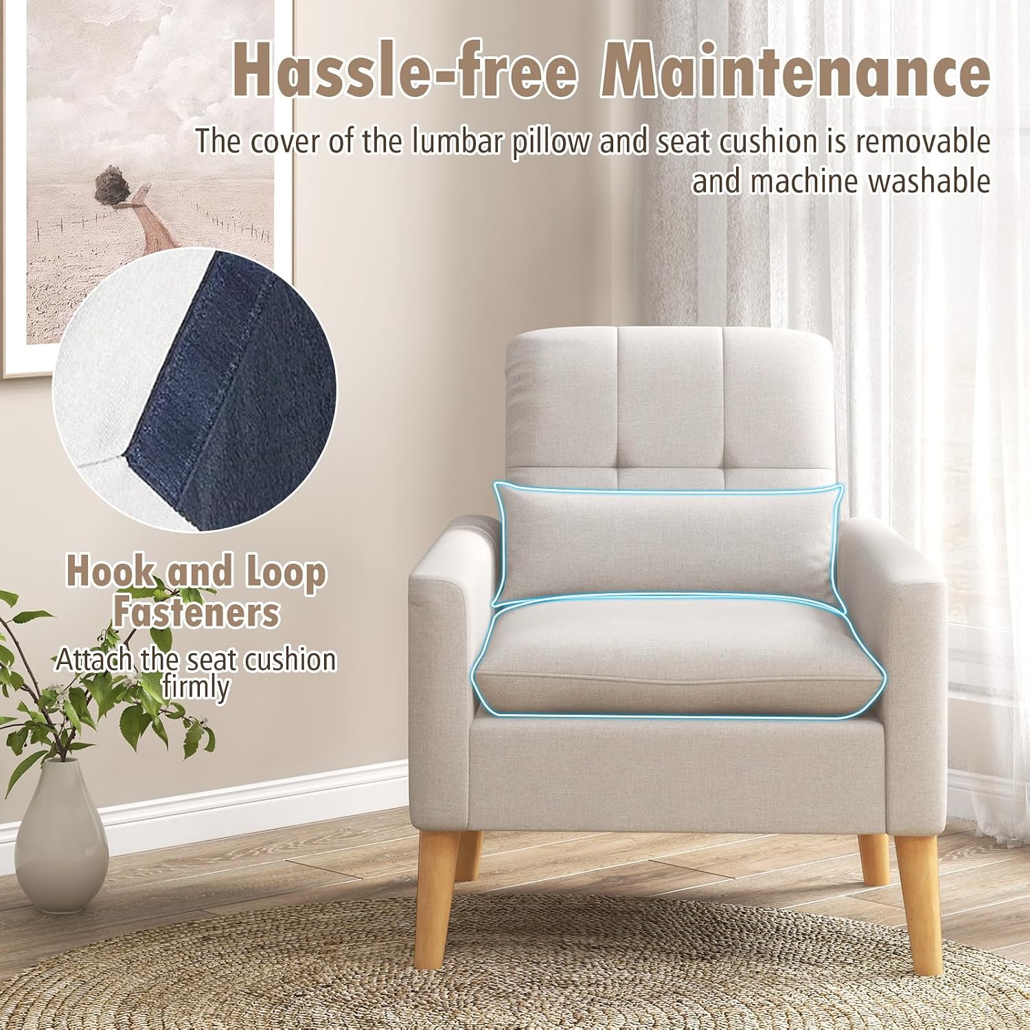 Giantex Modern Accent Chair, Mid-Century Linen Fabric Armchair w/Lumbar Pillow, Back & Seat Cushion, Comfy Single Sofa Chair with Rubber Wood Legs for Living Room, Bedroom, Reading Room, Beige
