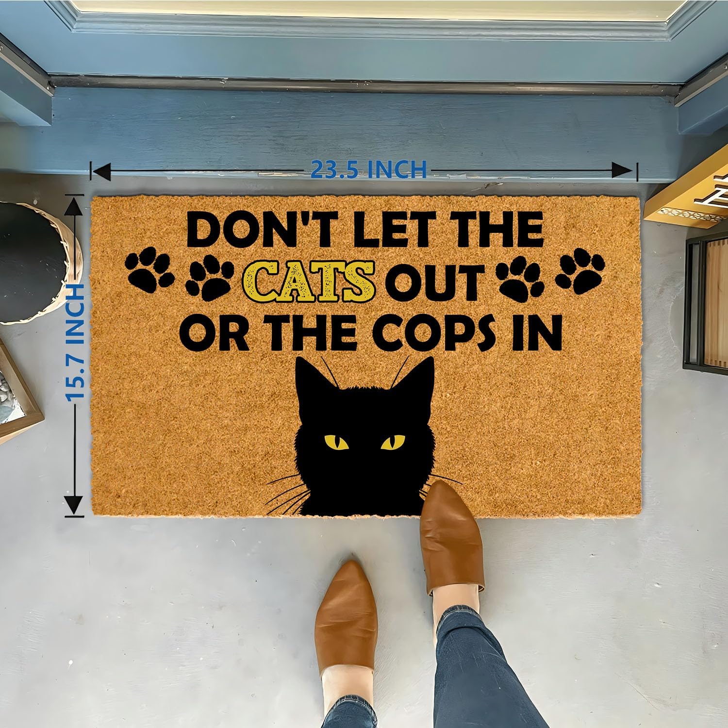 Don't Let The Cats Out or The Cops in Faux Coir Mat 23.6"x15.7" Welcome Mats for Front Door Funny, Doormats for Indoor Entrance Home All-Season Christmas Mats Outdoor