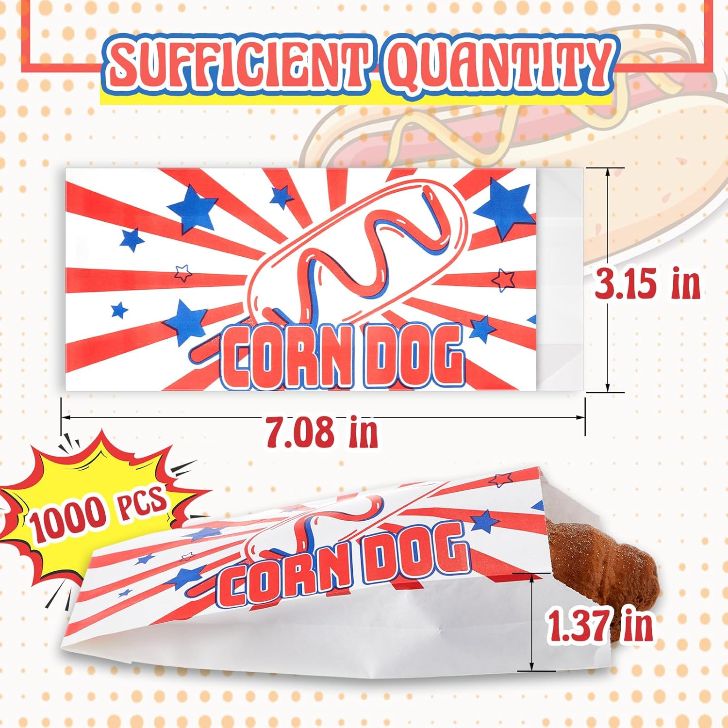 1000 Pcs Corn Dog Paper Bags 7 Inch Food-grade Oil-resistant Waterproof Kraft Corn Hot Dog Wrapper Bags Bulk for Carnivals Fast Food Trucks Snack Bars Amusement Parks