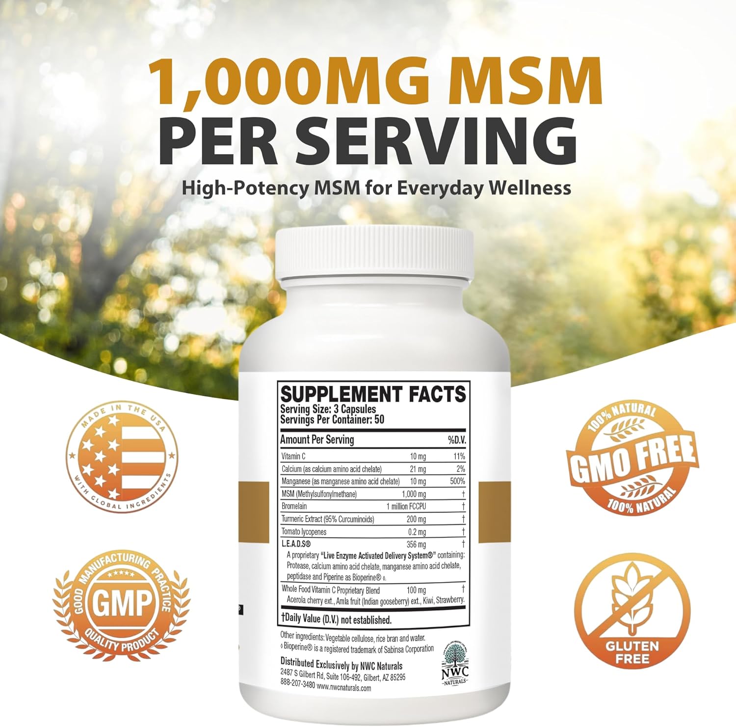 NWC Naturals MSM Gold – Systemic Enzyme Supplement with Turmeric, Tomato Lycopene & BioPerine for Nutrient Absorption – Joint & Muscle Support – 150 Antioxidant-Rich Vegetarian Capsules