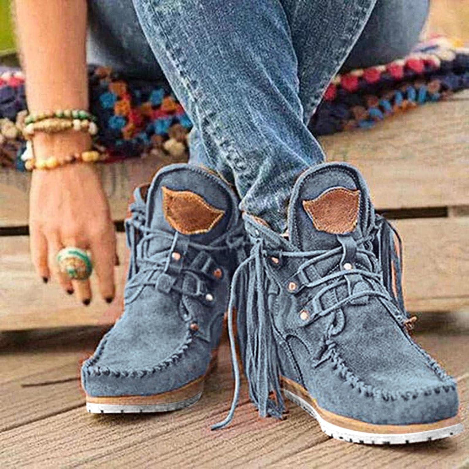 Boho Ankle Booties for Women Ladies Bohemian Vintage Suede Tassel Lace Up Wide Round Toe Chunky Bottom Heels Low Top Short Cowboy Boots Retro Beach