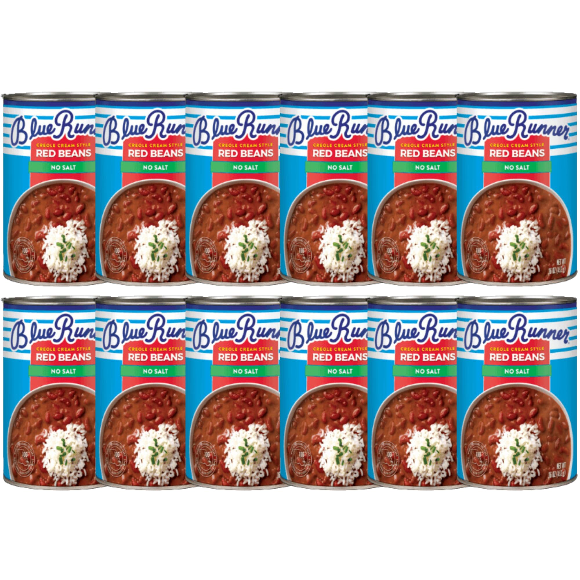Blue Runner—Creole Cream Style Red Beans 16 oz Can (Pack of 12)—No Salt Added—Slow Cooked and Authentic Creole Kidney Beans