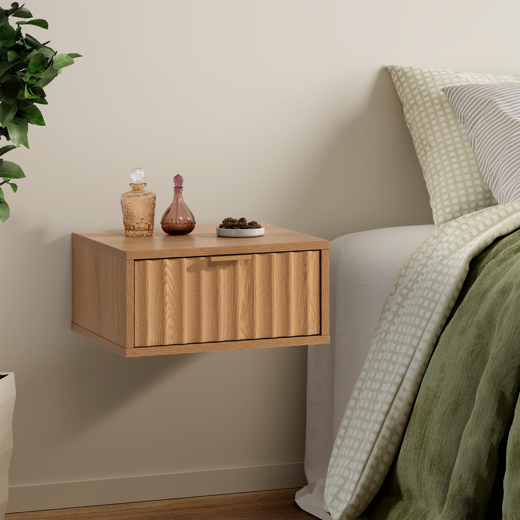 HOMN LIVING Juego 2 mesitas de Noche flotantes Lluvia 1 cajón Color Roble, 40 cm (Ancho) 35 cm (Profundo) 19 cm (Altura)