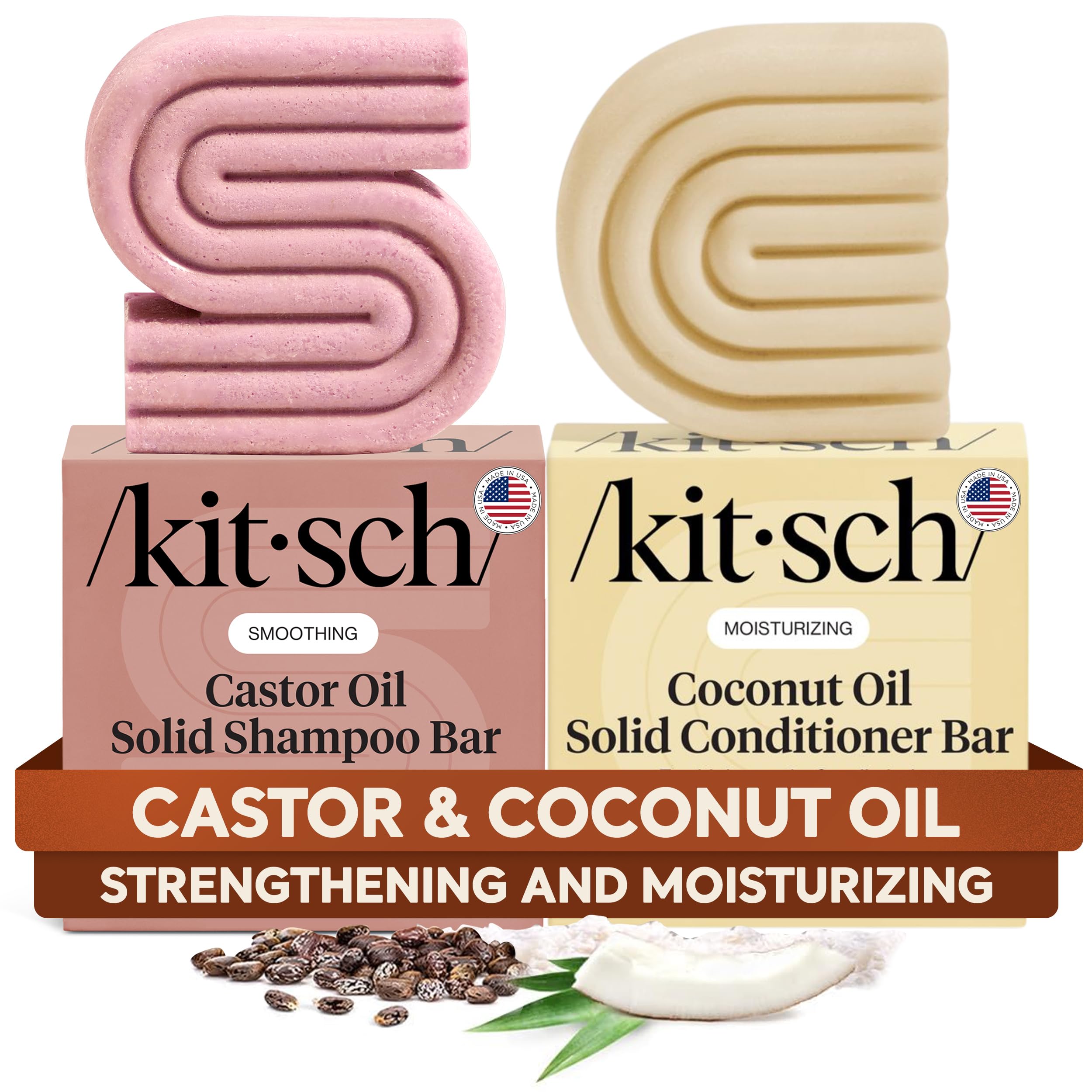 Castor Oil Shampoo Bar & Coconut Oil Conditioner Bar – Nourishing Shampoo and Conditioner Set for Dry, Damaged Hair – Strengthening Hair Care, Hydrating & Deep-Moisturizing - 2pc set