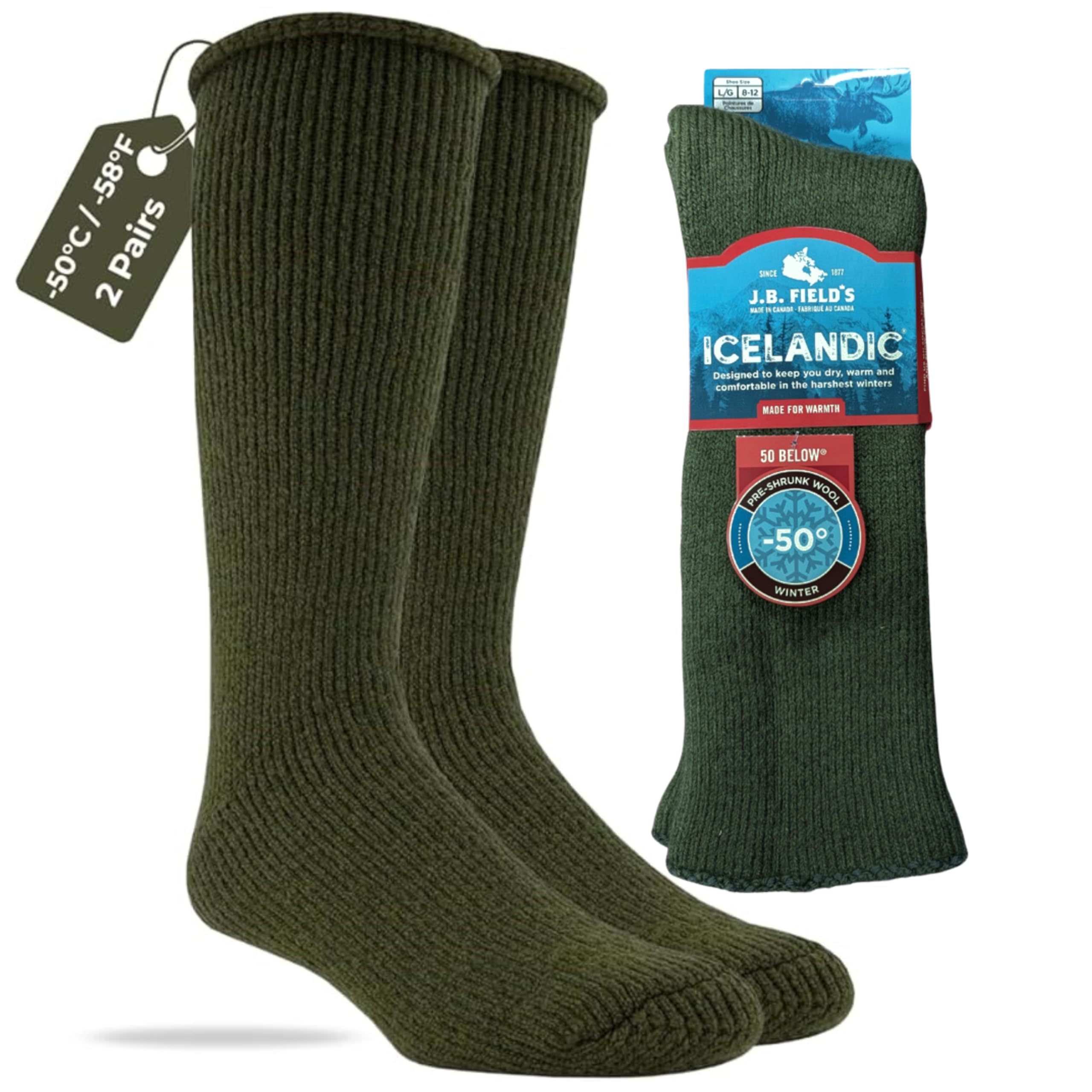 J.B. Field's -50 Below Icelandic Wool Socks for Extreme Cold Winter Weather, Thermal Socks for Women and Men, (Large)