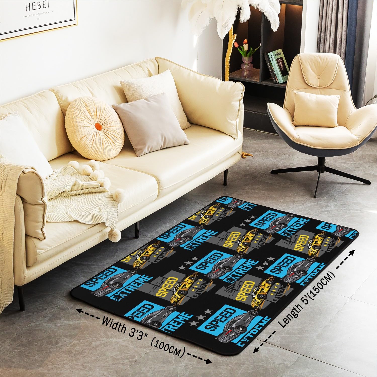 Dywanik do samochodu wyścigowego z motywem kreskówkowym, 100 cm x 150 cm x 1 cm, niebiesko-szary, czarny, graffiti, antypoślizgowy dywan do salonu, sporty ekstremalne, styl wewnętrzna mata podłogowa