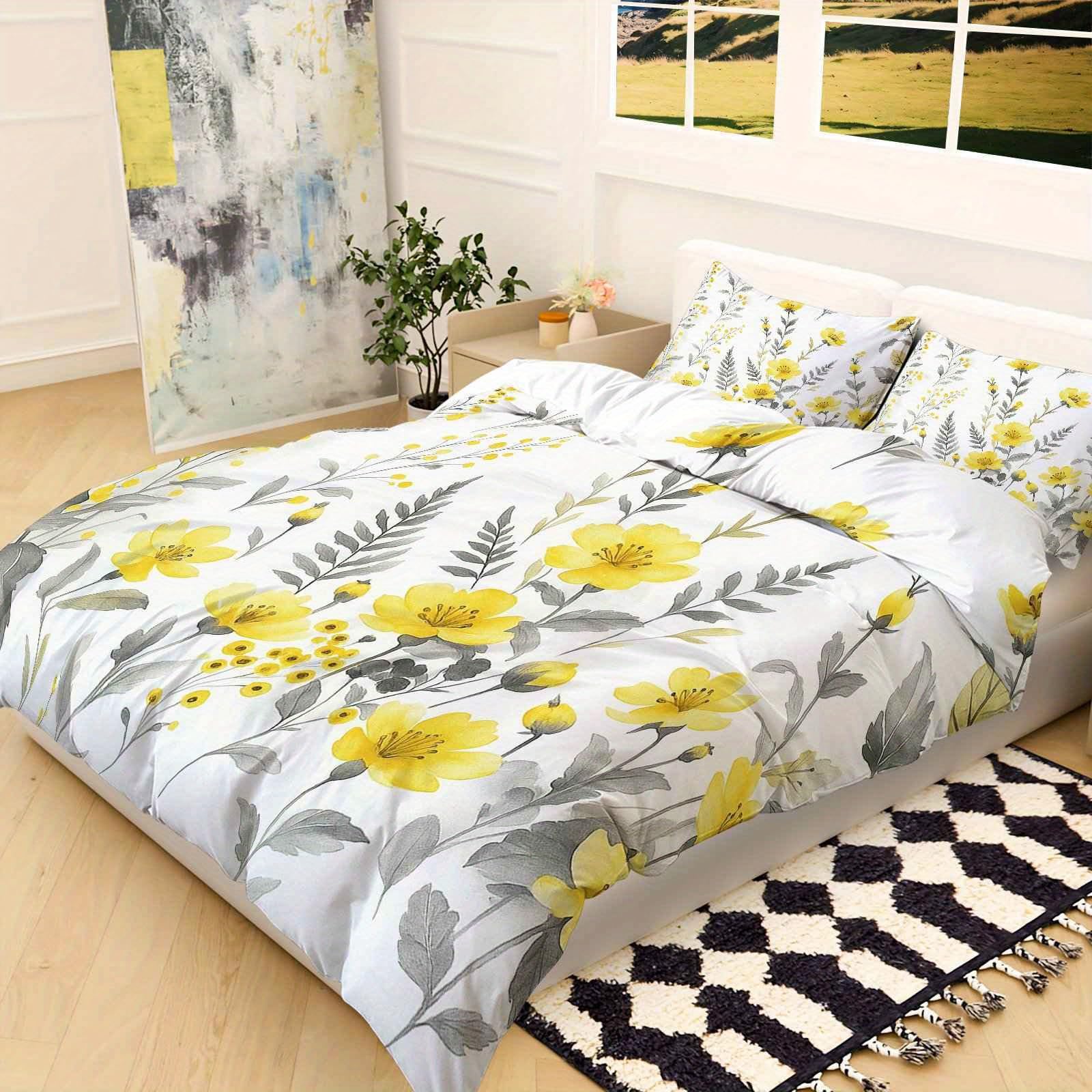 Parure de lit motif floral aquarelle jaune et feuilles grises 240x260
