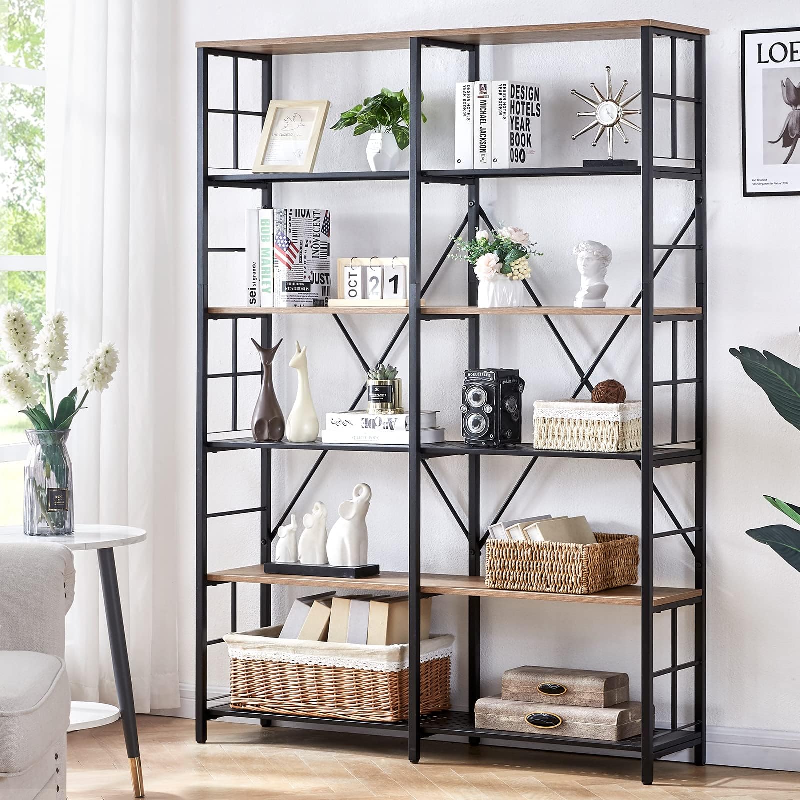 Amazon.com: oneinmil Double Wide 6-Tier Bookcase, Industrial Bookshelf with Metal Frame, Open ...