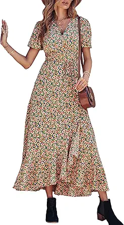 PRETTYGARDEN Women's Summer Maxi Dress Casual Wrap Floral Boho Short Sleeve V Neck Split Ruffle Beach Long Dresses