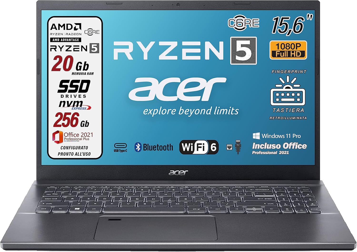 Acer, Pc portatile notebook, Amd Ryzen 5 5625u, 6 Core, Ram 20 Gb, SSD 256 Gb, Display 15.6 FHD, Tastiera retroilluminata, Fingerprint, WI-FI 6, Win 11 Pro, Suite office, Preconfigurato
