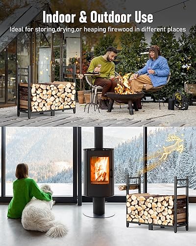 Miniatura 7 de Brightown Estante de leña para interiores con soporte de troncos, estante de madera al aire libre de 34 pulgadas para leña, almacenamiento de madera