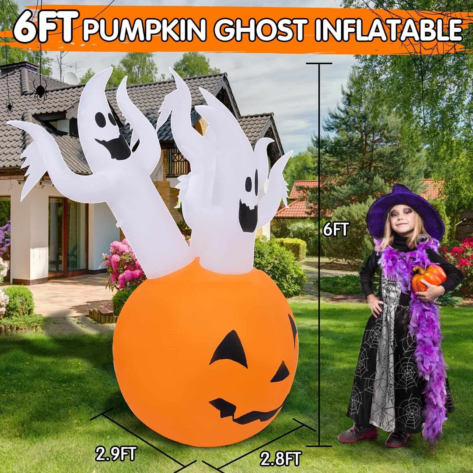 Halloweenowe nadmuchiwane dynia, duch, dekoracje na zewnątrz, 1,8 m, gigantyczny dmuchany trójduch, nadmuchiwany wystrój podwórka z wbudowanymi kolorowymi światłami LED, na imprezę, trawnik, do