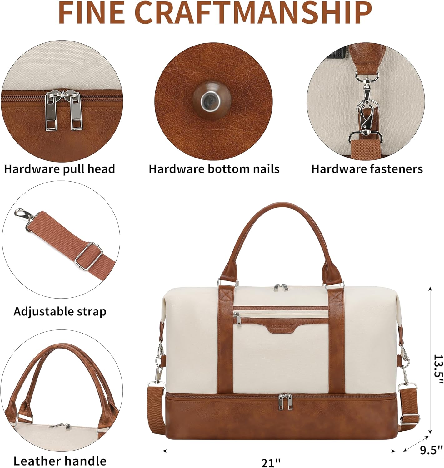 Oeihuivt Weekender Bags for Women - 21 Inch Large Travel Duffel Bag 2-Piece Set with Shoe Compartment, Heavy-Duty Canvas Leather Carry On Overnight Tote - Image 2