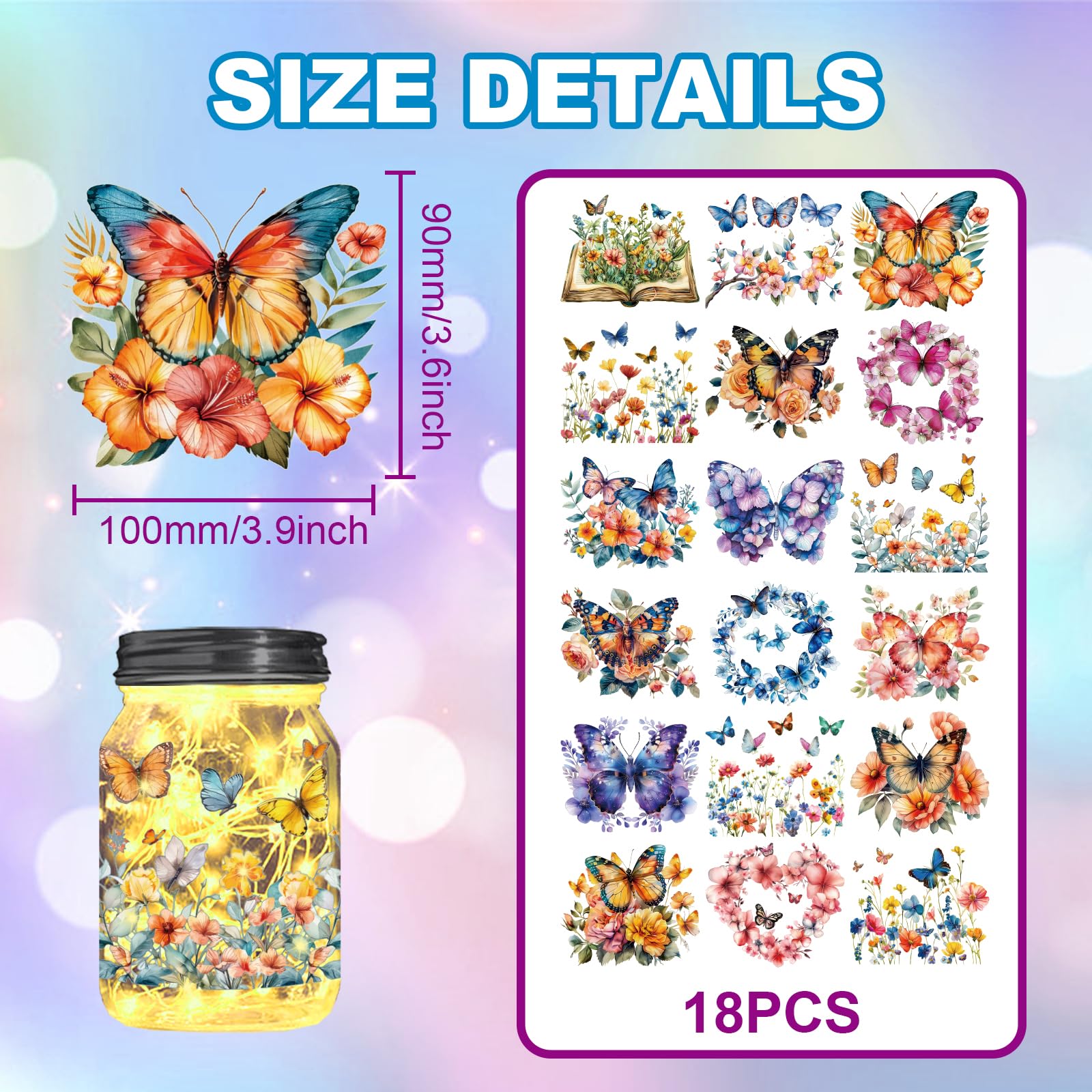 GLOBLELAND 18 Sheets Butterfly Transfer Stickers 3.9 x 3.6 Inch Butterfly and Flowers Stickers Butterfly Wreath Rub On Transfer for Furniture Vase Glass Decorations Crafts - Image 2
