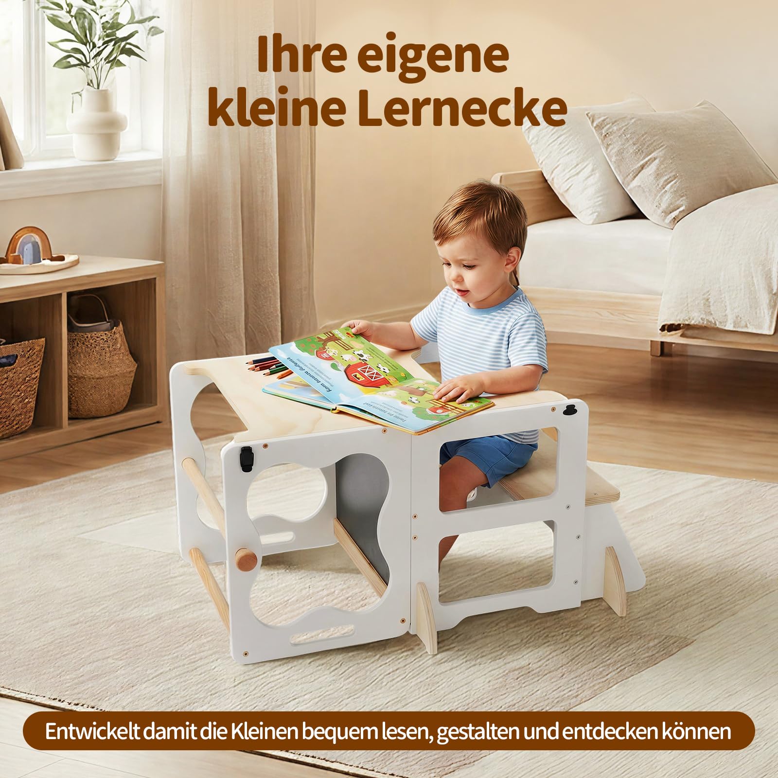 COSYLAND Lernturm Kinder 3in1 Küchenhelfer mit Tafel & Geländer Weiß | Wandelbar zu Tisch & Stuhl, ideal für Küche und Alltag. Stabil, sicher, pflegeleicht und perfekt für Ihr Kind.