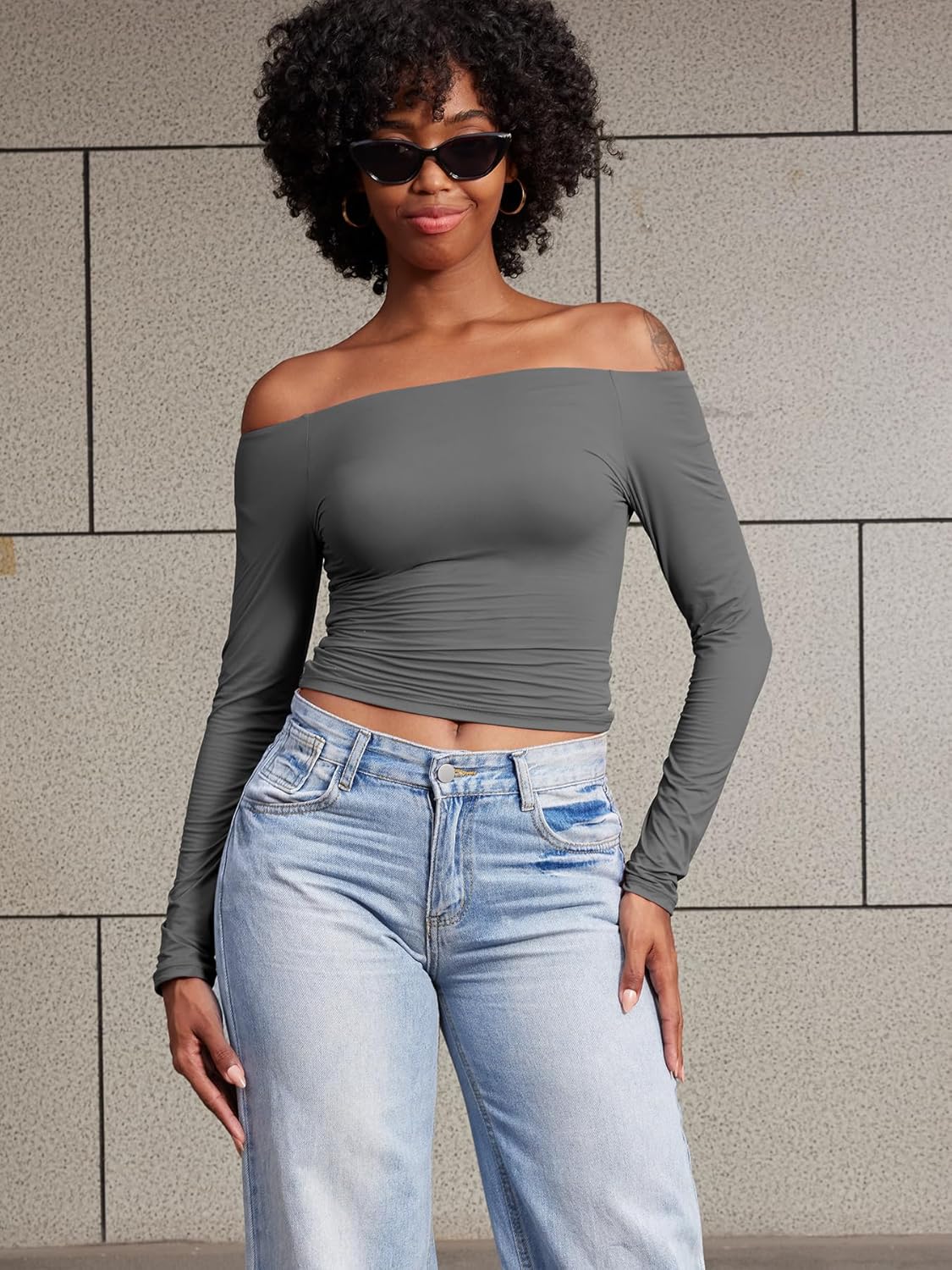 YEOREO Sophie Women Off Shoulder Long Sleeve Shirts Double Lined Basic Undershirt Y2K Going Out Tops - Image 4