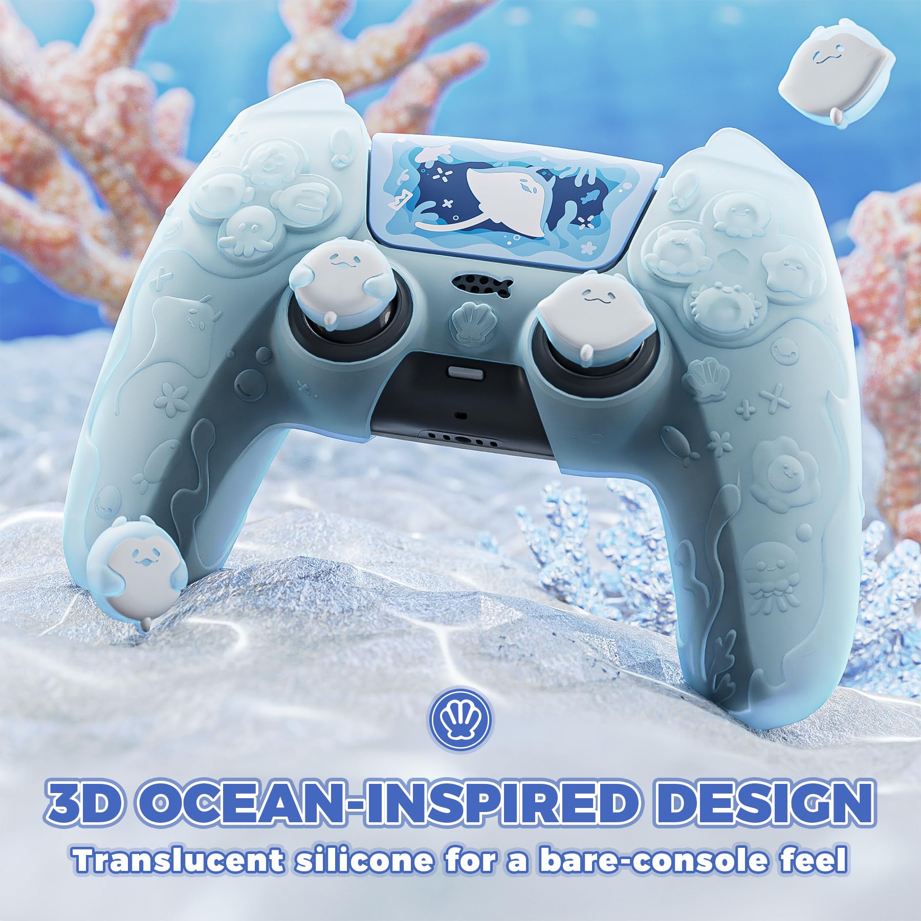 PlayVital Cover Controller per ps5 Joystick Custodia Silicone Semi-trasparente, Grip Antiscivolo & Copri Analogici & Adesivi Carini, Adatto per ps5 Base di Ricarica, Ocean Whisper-Menta Blu