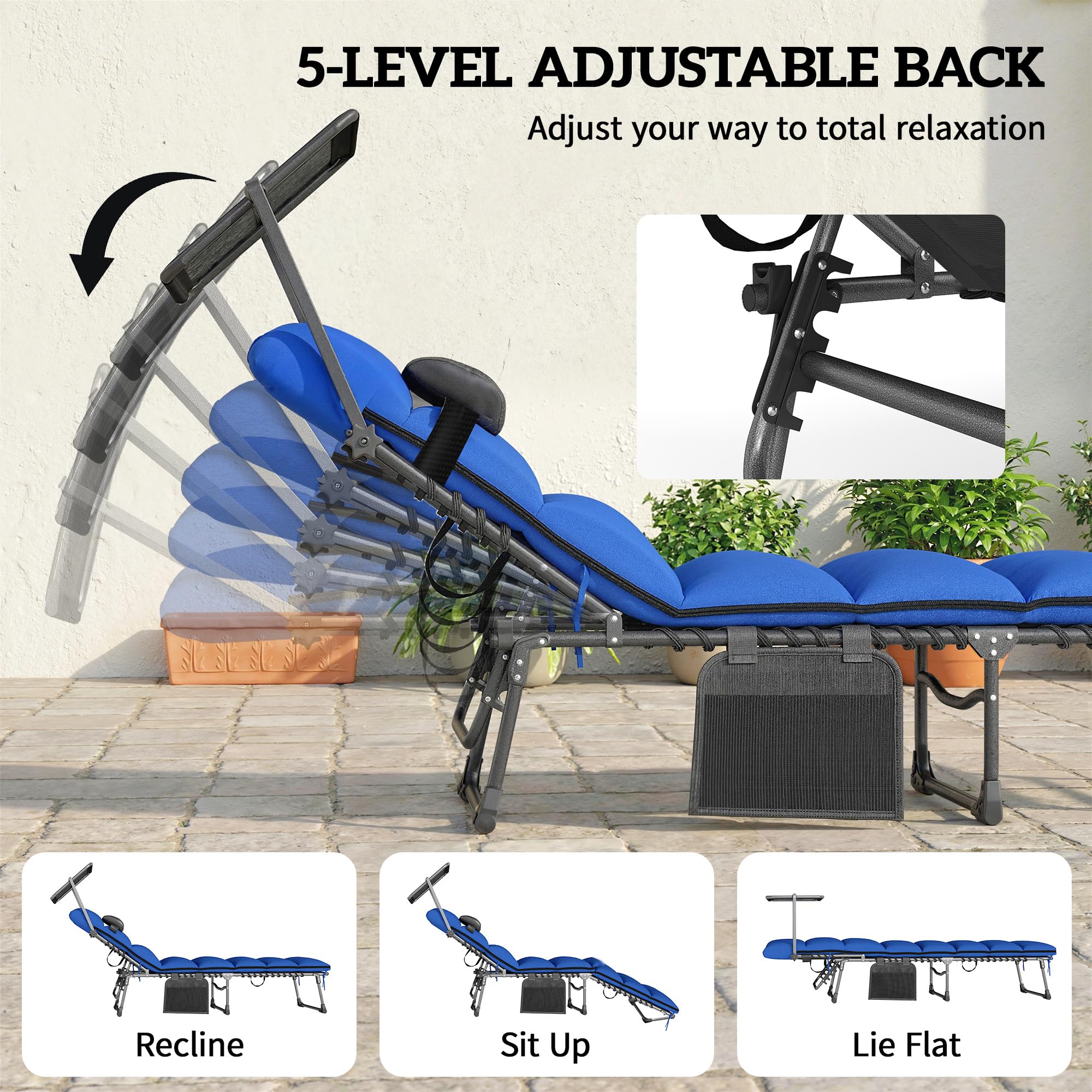 Outsunny Folding Sun Loungers Set of 2 with Canopy, 5-Position Reclining Garden Lounger, Side Pocket, Headrest, Cushions, Portable Recliner Sunbed with Carry Handle for Camping Beach Patio, Dark Blue — view 5