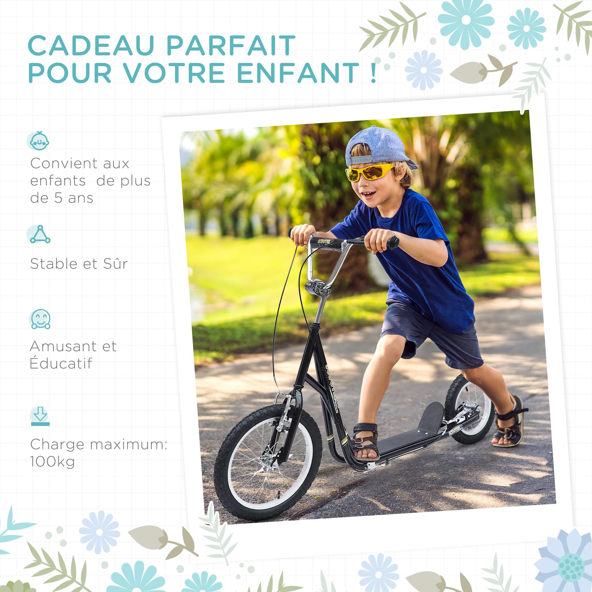HOMCOM Patinete patineto infantil a partir de 5 años grandes neumáticos manillar ajustable asas frenos y soporte de acero negro | Manillar ajustable, manijas, frenos y muleta, acero