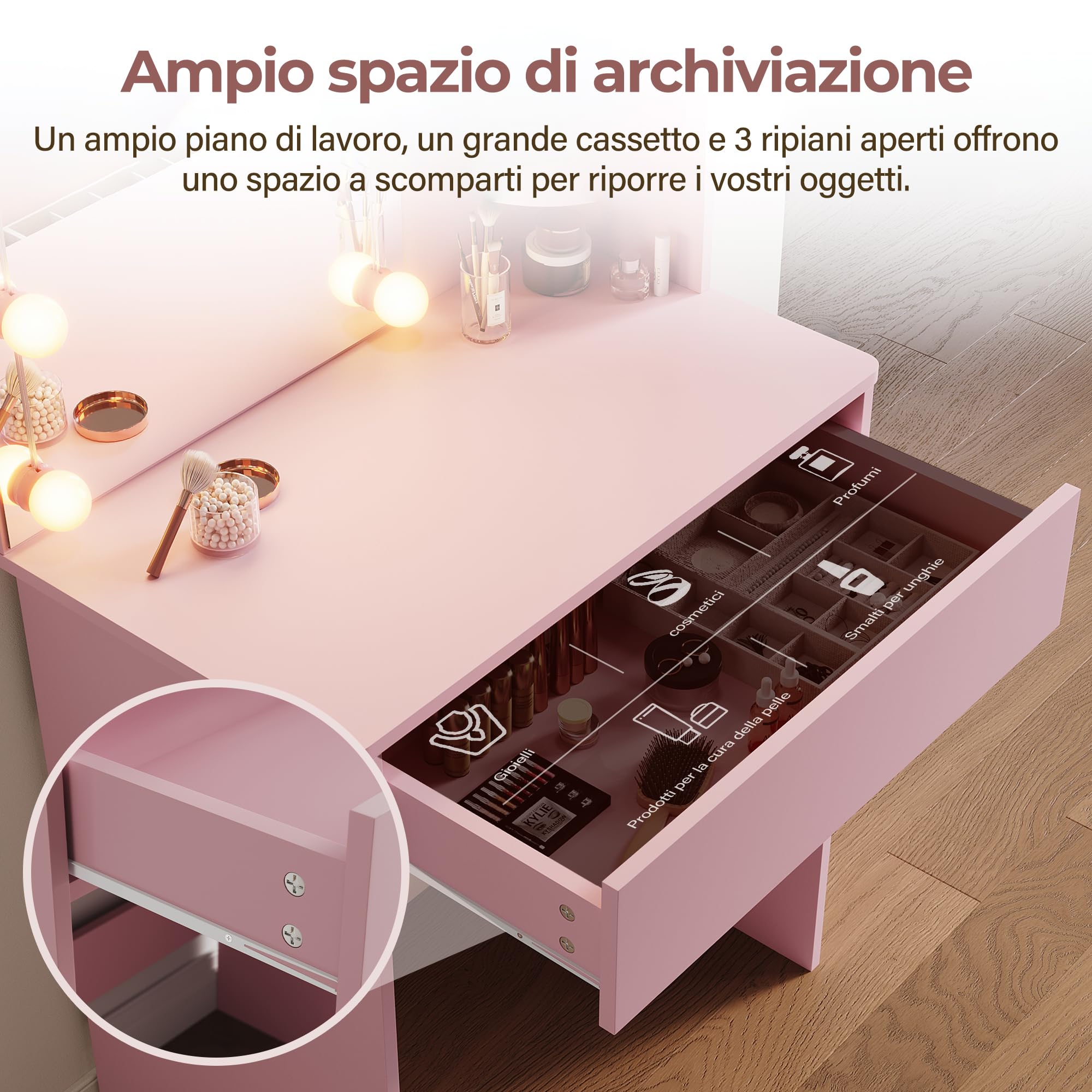 SONNI, Specchio Trucco con Luci, Toletta con Cassetti con Lampadine LED a 3 Colori 70x40x140cm, Rosa Toeletta Trucco Bambina