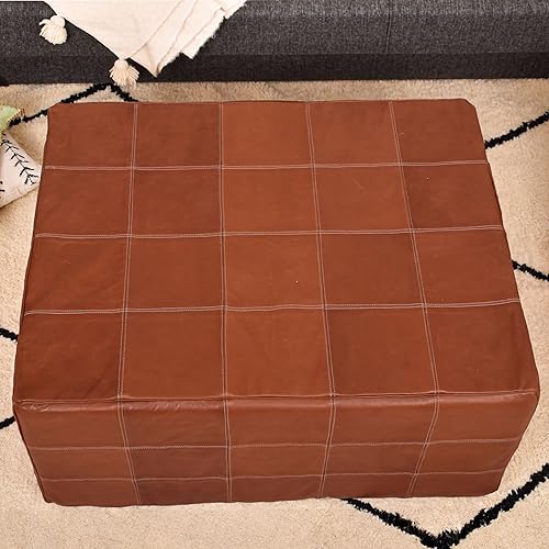 Miniatura 32 de Marrakesh Gallery Funda otomana de cuero - Puf cuadrado marroquí, sala de estar, dormitorio otomano Marrón,Beige Bronceado,Azul,Marrón (Dark