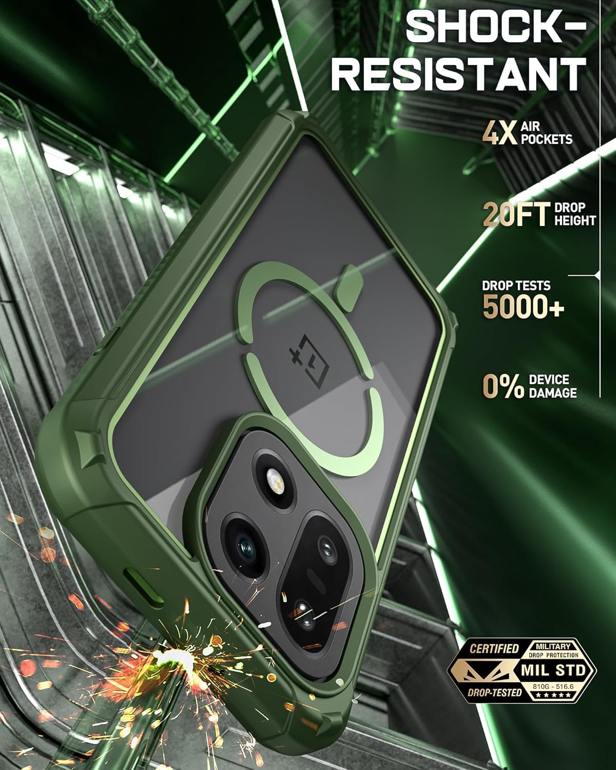 Poetic Guardian Case for OnePlus 15 5G, | Magsafe Compatible |2 Tempered Glass Screen Protector | Work with Fingerprint ID |, Full Body Shockproof Rugged Clear Cover Case, Green/Clear