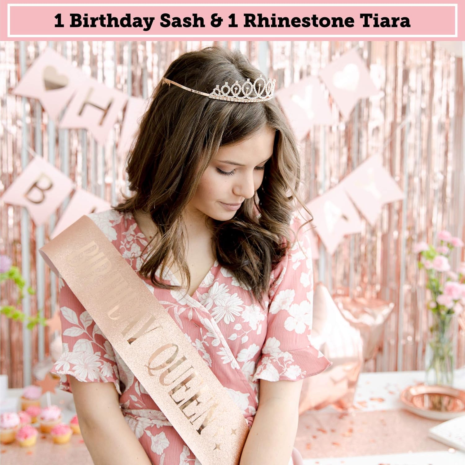 225 Pc Rose Gold Birthday Party Decorations Kit for Girls, Teens Or Women - Happy Birthday Pre-Strung Banners, Curtains,Table Runner, Balloons, Sash, Tiara, Cake Toppers, Plates, Cups, Napkins Straws for 25 Guest & Thank You Stickers : Toys & Games