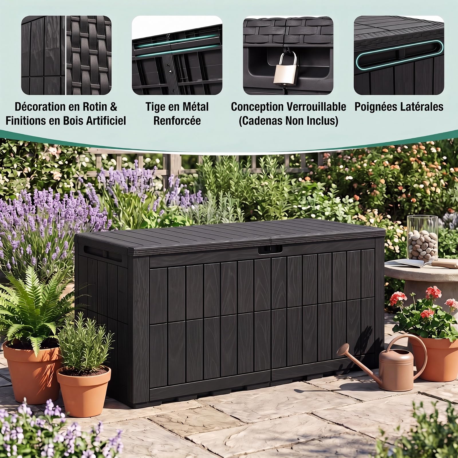 GYMAX Coffre de Rangement Exterieur Imperméable, Coffre de Jardin avce Couvercle Verrouillable, Poignée, pour Terrasse, Balcon (545L,Noir)