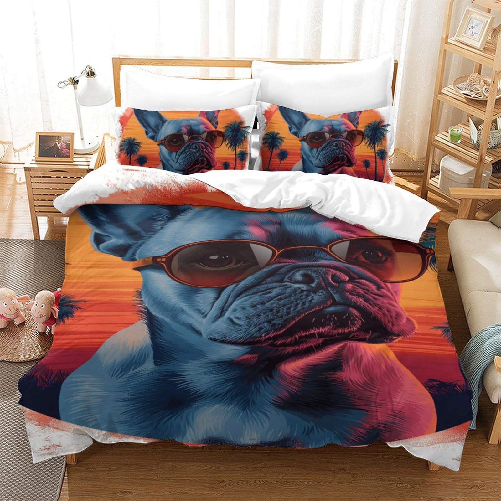 Housse de couette Bouledogue Français fermeture éclair parure de lit douce