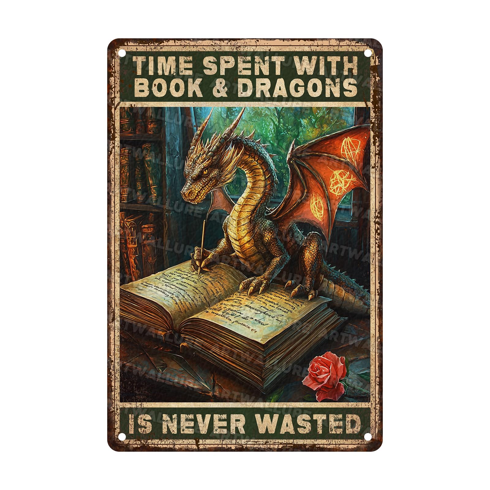Dragon Metal Tin Sign Vintage Funny Wall Decor Time Spent With Books And Dragons Is Never Wasted Poster For Book Lovers Library Study Office Reading Nook Home Bar 8x12 Inch