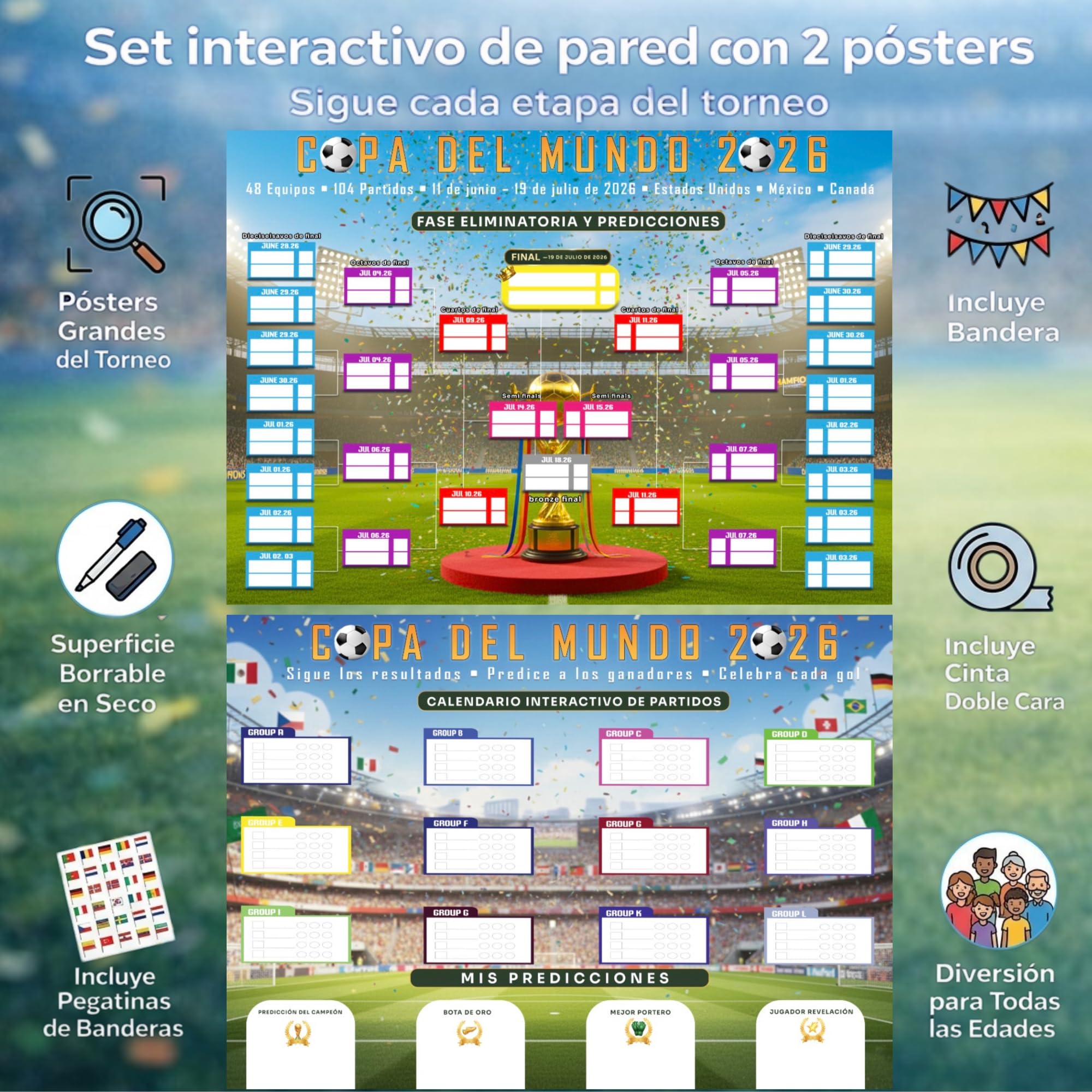 Bopeto Poster del programma del torneo di calcio internazionale 2026, confezione da 2 grafici da parete con staffa da 48 squadre, decorazione per partite di calcio e regali per gli appassionati di