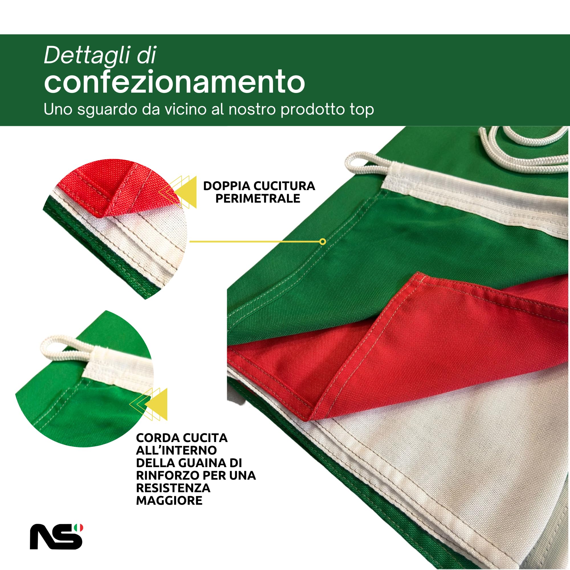 NS BANDIERE | Bandiera Italia Grande cm 200x300 in Tessuto Poliestere Nautico 130gr Antivento Resistente con Corda Laterale e Gancio di Rinforzo