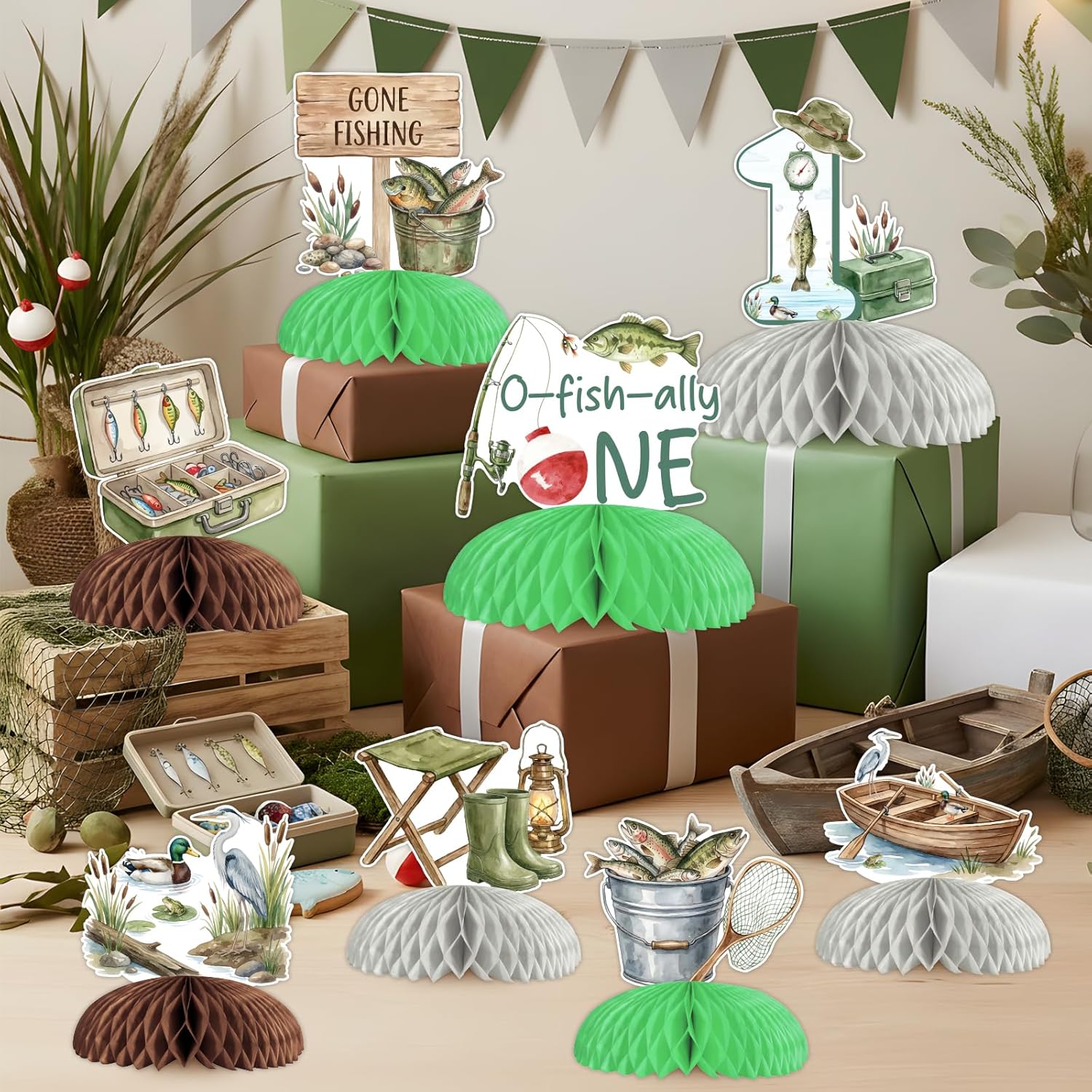Cheereveal Gone Fishing Ofishally One First Birthday Honeycomb Centerpieces, 8PCS Fishing Theme Table Decorations for Boys, Double-Sided O Fish Ally Party Decor for 1st Birthday Celebration