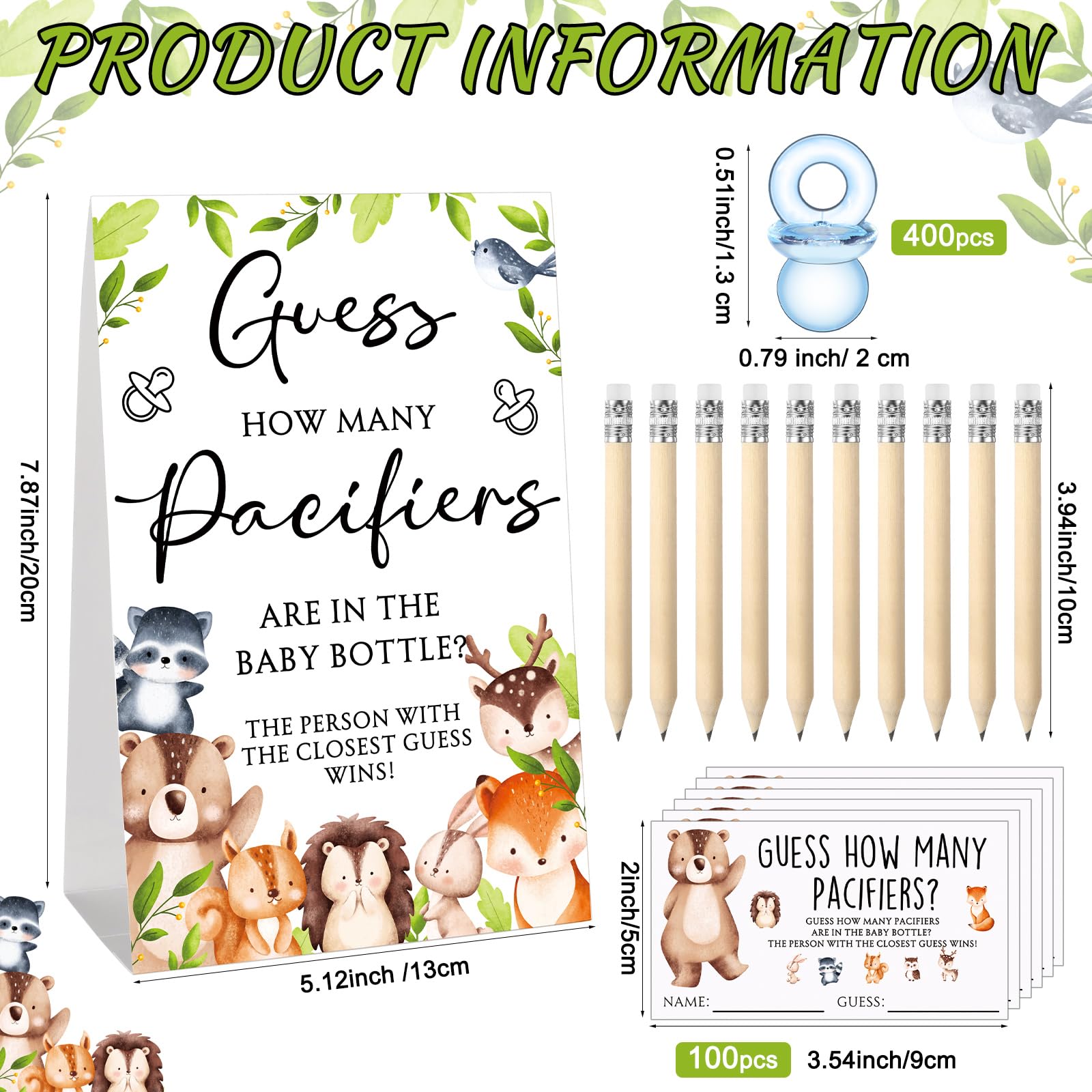 Roowest Babyparty-Spiele, "Guess How Many Pacifiers", Schild, 100 kleine Ratespiele, 10 HB-Bleistifte, 750 ml, Milchflasche, 400 Acryl-Schnuller, Dekoration für Gäste, Geschlecht enthüllt (hell, Wald)