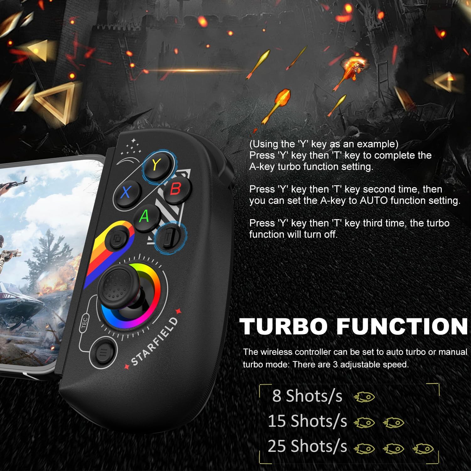 Megadream Controller da gioco mobile per iPad/tablet (fino a 10 pollici) RGB Light Bluetooth Gamepad per iPhone/Android/PC/Switch, joystick effetto Hall con trigger lineare, funzione turbo, nero