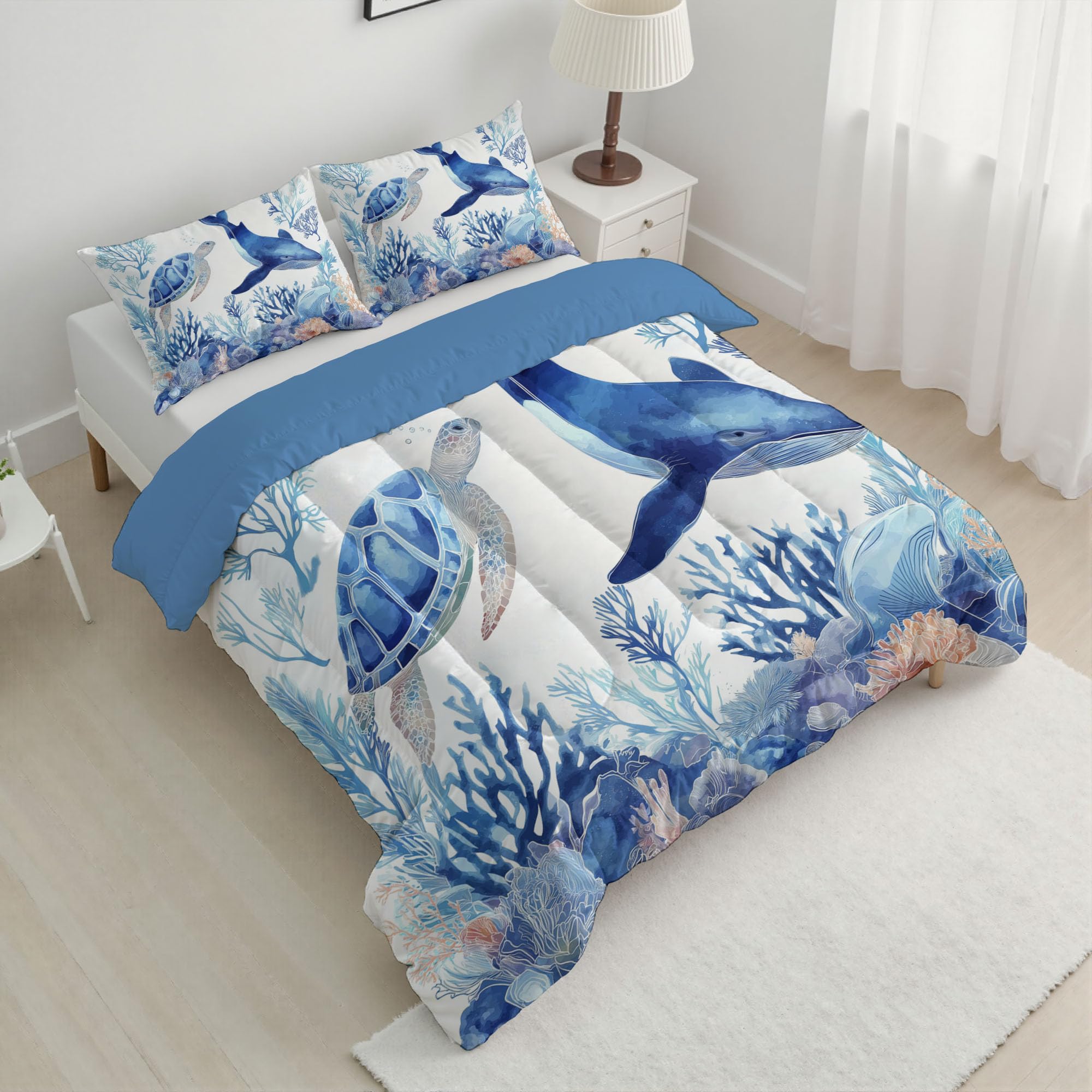 Edredón Azul Invierno Nórdico 200x200 cm, Edredón Tortugas Marinas Ballenas Tacto Suave y Confortable de Microfibra 200g/m2, Edredónes Acuarela Estilo Océano Diseño Reversible con 2 Fundas de Almohada
