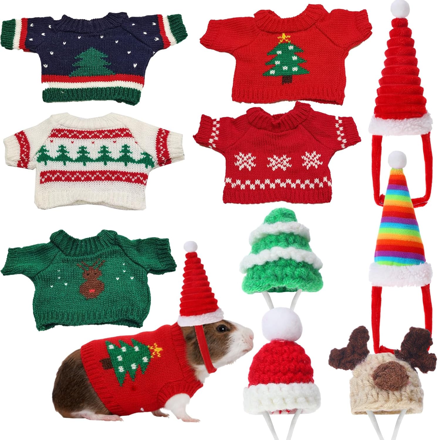 10 Pcs Guinea Pig Clothes, 5 Guinea Pig Costume Outfit, 5 Mini Hat with Adjustable Strap Small Animal Warm Vest Sweater Cozy Hand Knitted Hat for Hamster Bunny (Modern)