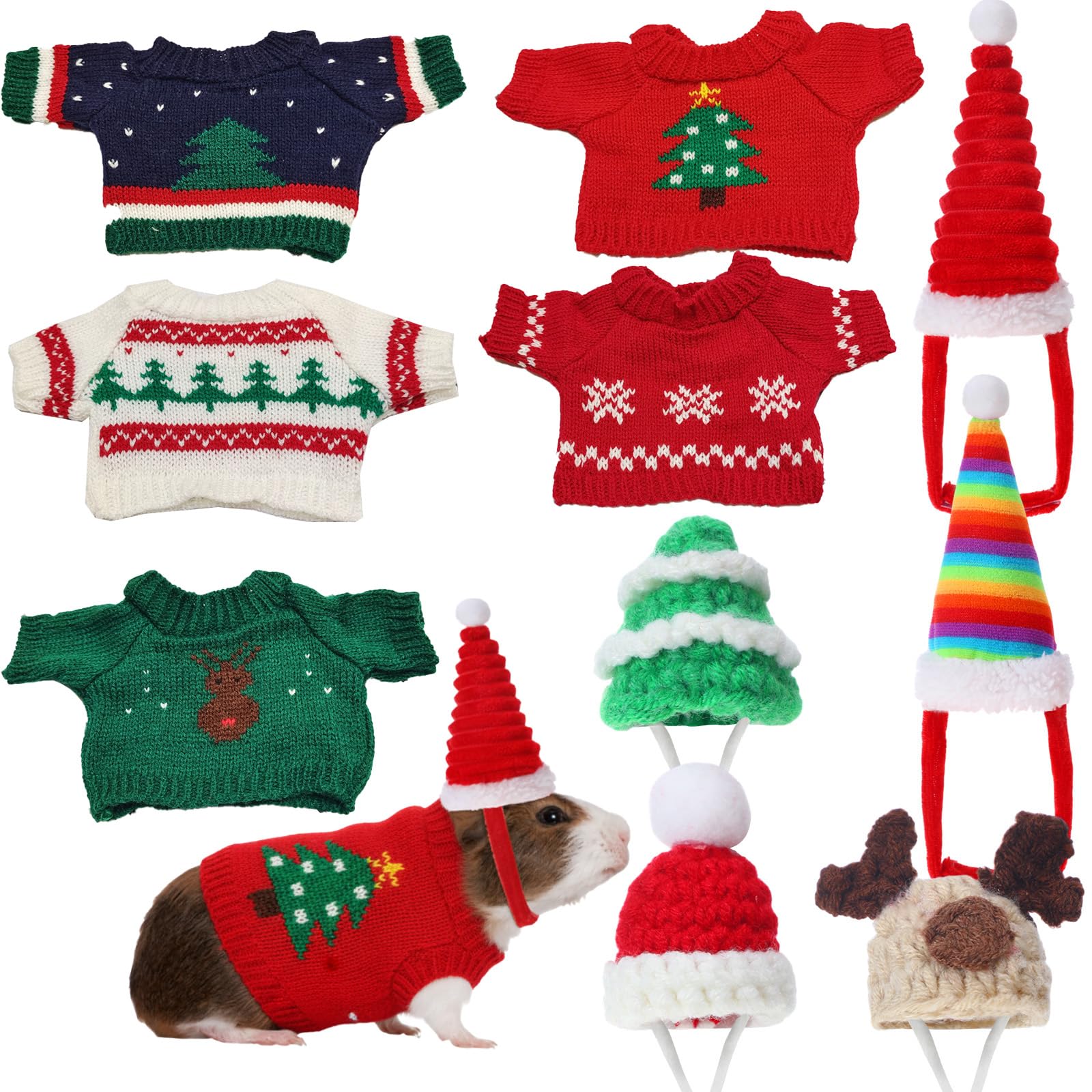 Clysee 10 Pcs Guinea Pig Clothes, 5 Guinea Pig Costume Outfit, 5 Mini Hat with Adjustable Strap Small Animal Warm Vest Sweater Cozy Hand Knitted Hat for Hamster Bunny (Modern) — image 1