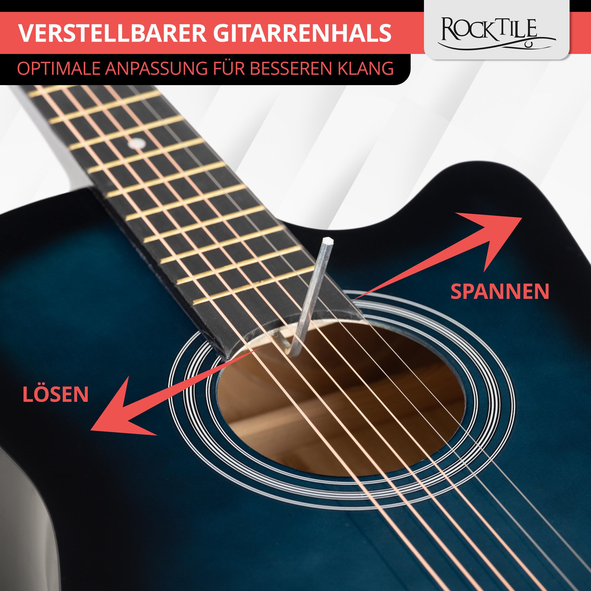 Rocktile WSD-5C-BUB Slim Line Set de Guitares Western - Guitare Acoustique Dreadnought - Corps en Tilleul - Manche : Catalpa - Set incluant housse, cordes de rechange, sangle et médiators - Blueburst