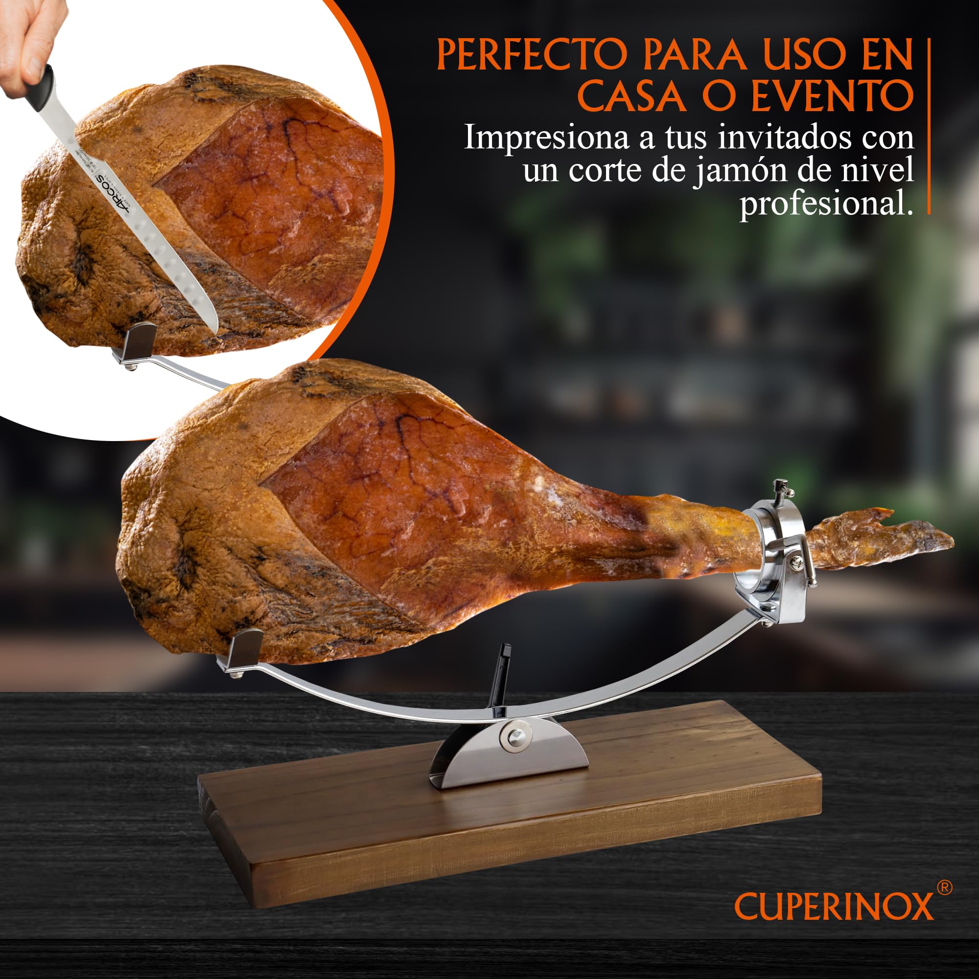 Soporte Jamonero Balancín | Jamonero Giratorio Profesional | Jamonero Madera | Incluye Cuchillo Profesional, Afilador Funda Cubre Jamón| Jamoneros Elite Collection