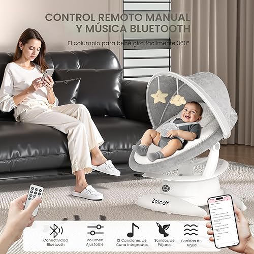 Miniatura 7 de Columpio de bebé 3 en 1 para bebés con detección de movimiento, columpio eléctrico para bebé con 3 modos de columpio, 12 canciones de cuna y 5