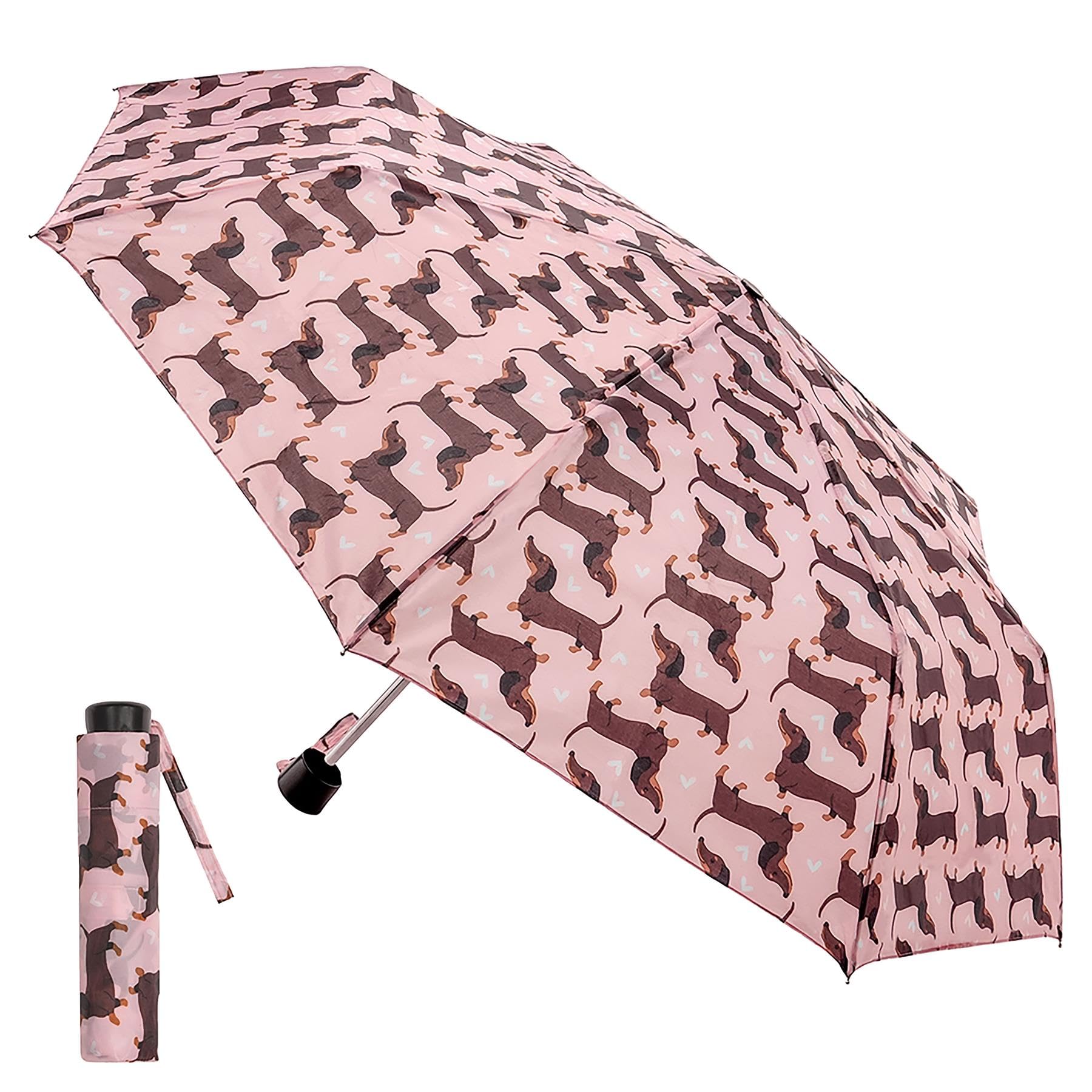 A2Z Ladies Folding Souvenir Umbrella Dachshund Sausage Dog Print Lightweight Travel Brolly for Women Waterproof Weather Resistant Manual Compact Supermini 3 Section 50cm Canopy
