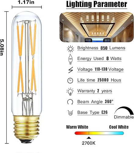 Miniatura 6 de Bombilla LED T10, bombillas tubulares LED regulables de 8 W, equivalente a 75-100 vatios, 850 lm, vidrio transparente, bombilla base E26, para